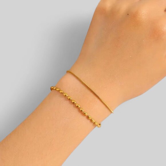 New 2 Pc Gold Stainless Round Snake Chain & Round Bead Chain - Picture 3 of 5